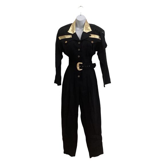 D. Frank Pants - Vintage 80s Black and Gold Jumpsuit